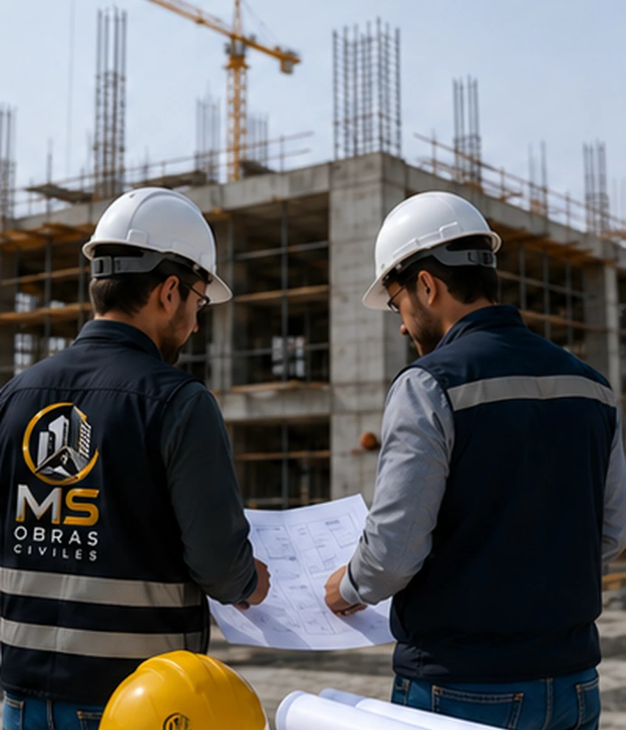 Equipo técnico revisando planos en una obra
